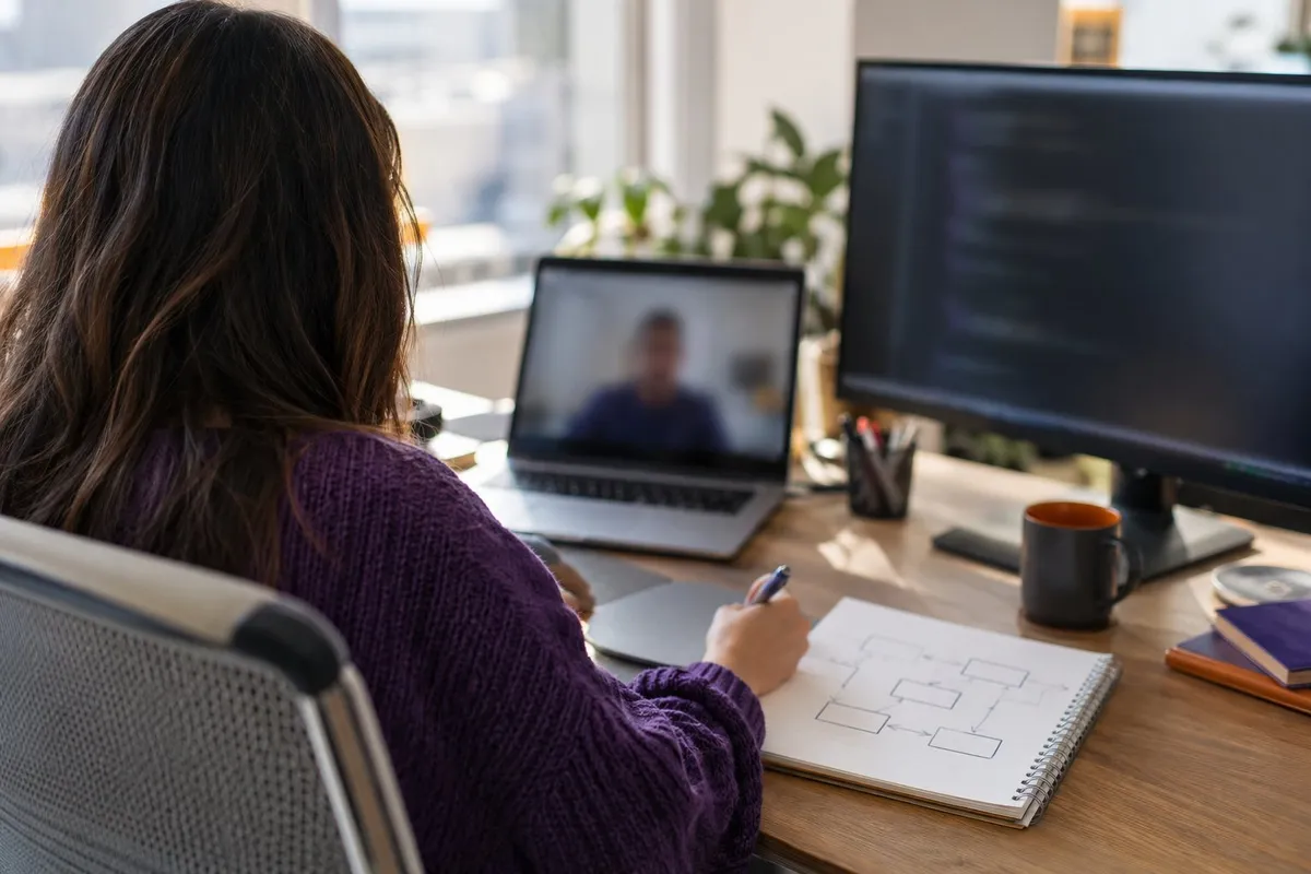 Recruiter holding a video interview with a back-end Node.js developer