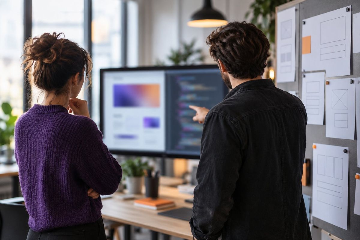 Recruiter and UI designer compare a website mock-up with a front-end developer's build
