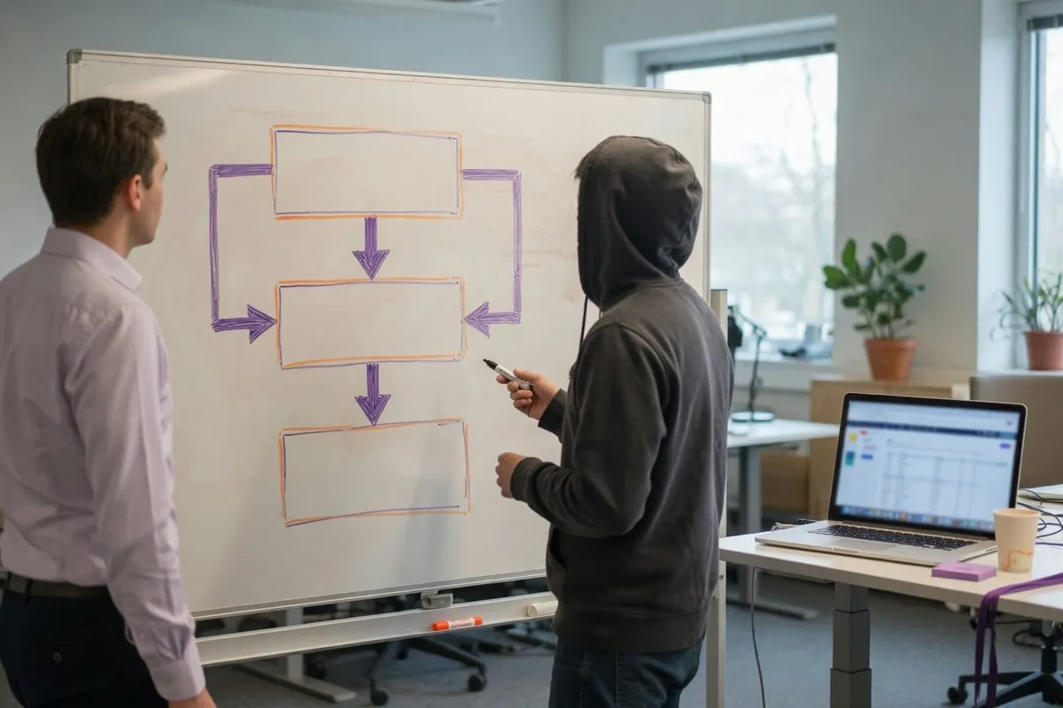 Recruiterin und Start-up-Gründer besprechen ein Produktschema am Whiteboard für eine Full-Stack-Stelle