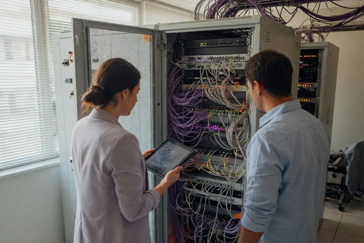 Рекрутерка та IT-менеджер біля серверної стійки обговорюють вимоги до системного адміністратора