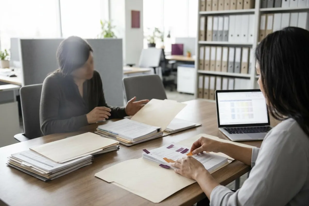 Een HR-adviseur en een personeelsmanager nemen aan een bureau personeelsdossiers en arbeidsovereenkomsten door
