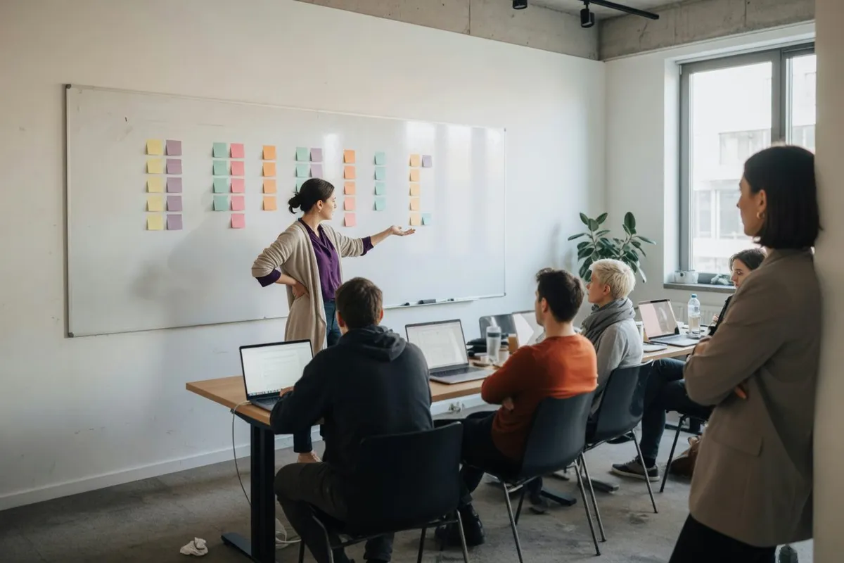 Een IT-projectmanager plant met het ontwikkelteam de taken op een whiteboard